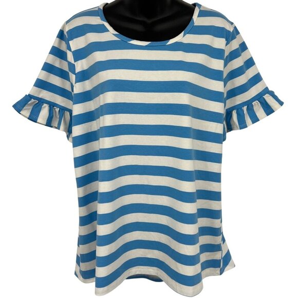 NY Collection Blue White Stripe Ruffle Sleeve Top Extra Large XL Round Neck New - Picture 1 of 8